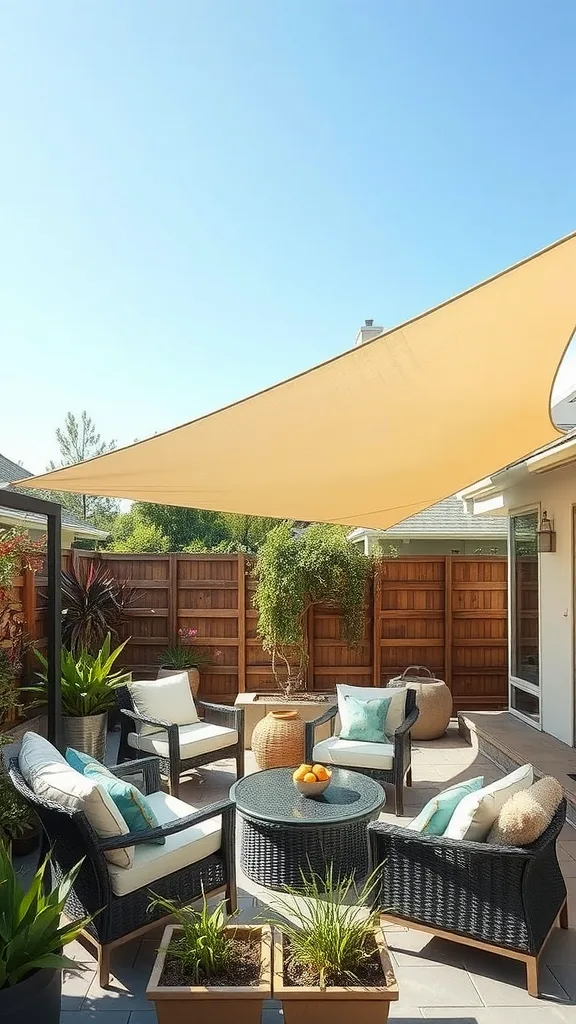 A backyard patio with large shade sails providing shade over seating area and surrounded by plants.