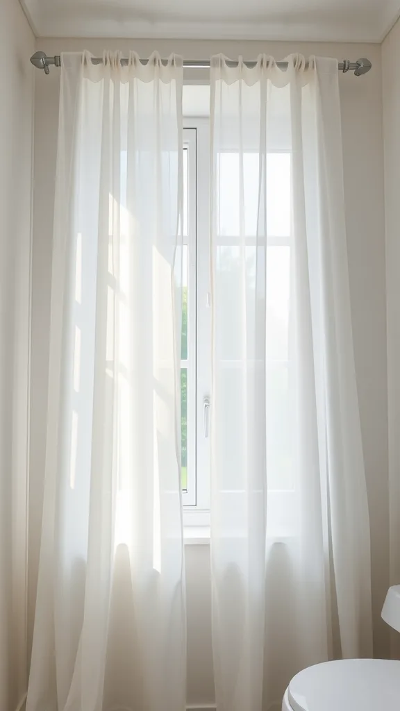 A bathroom window with sheer curtains allowing soft light to filter in.