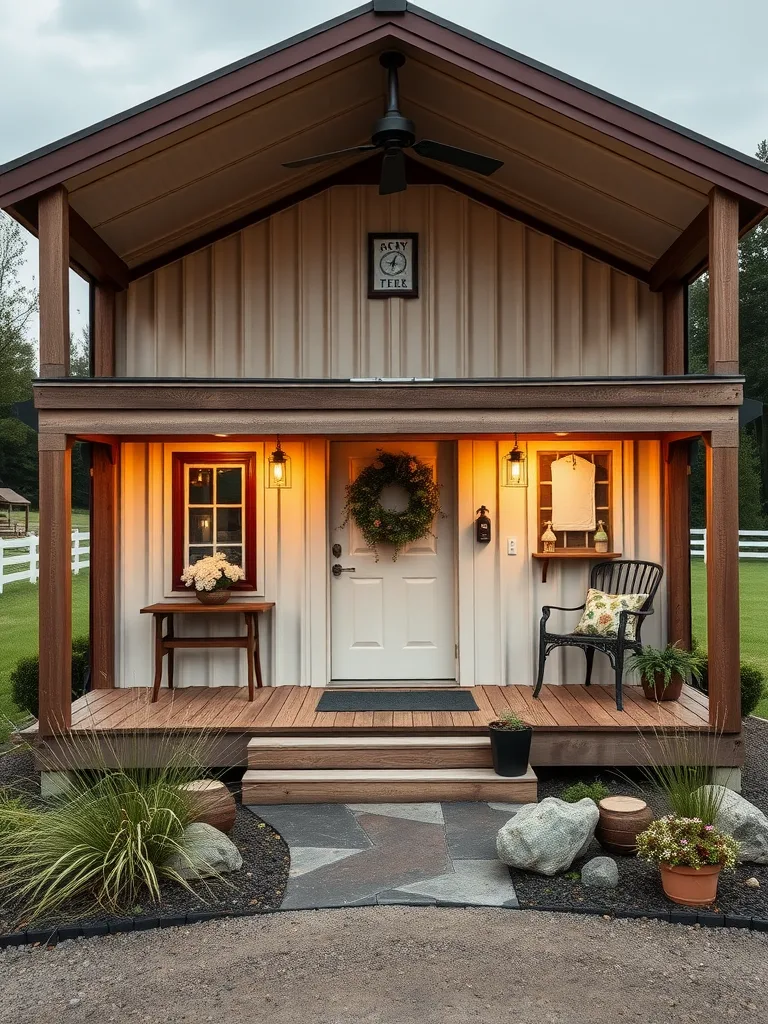 A charming farmhouse style shipping container home with a welcoming porch and decorative elements.