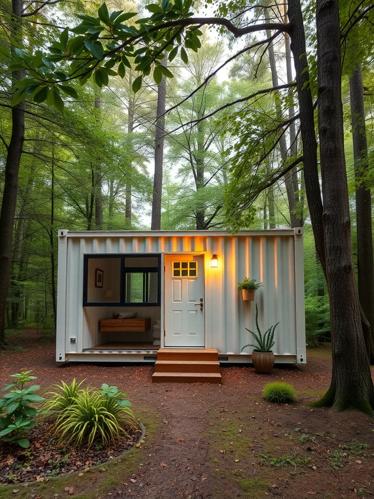 A cozy shipping container guest house surrounded by trees, featuring a welcoming porch and plants.