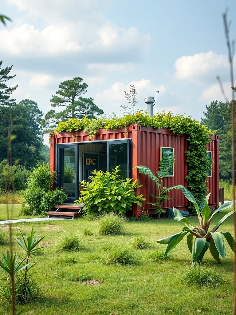 A shipping container home surrounded by greenery and featuring a green roof.