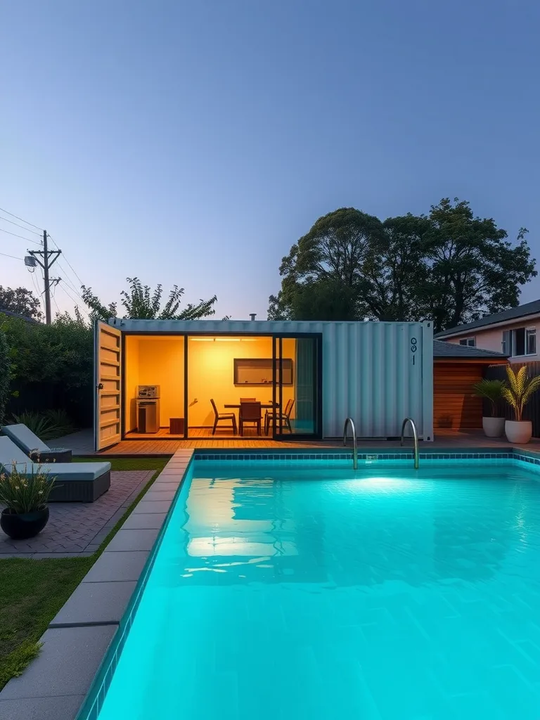 A shipping container pool house beside a lit pool during twilight.