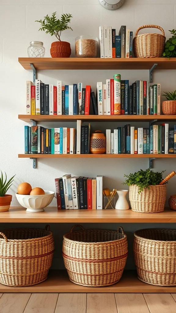 Open shelving in a kitchen displaying cookbooks, decorative baskets, and plants