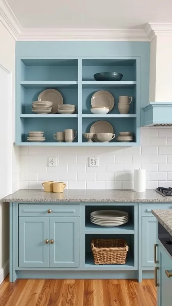 A kitchen with sky blue open shelves displaying grey dishware.