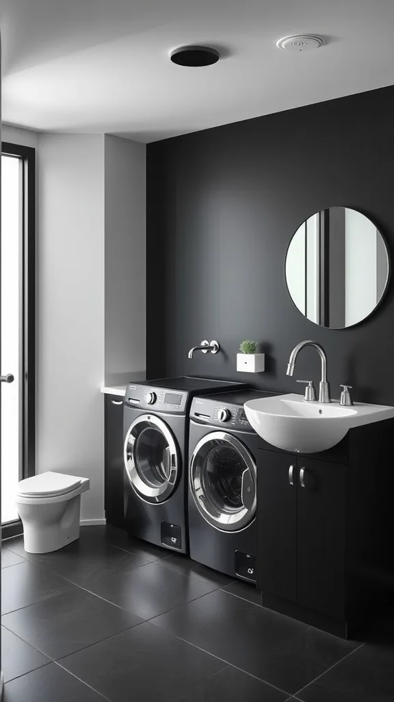 Modern laundry room with black walls and appliances