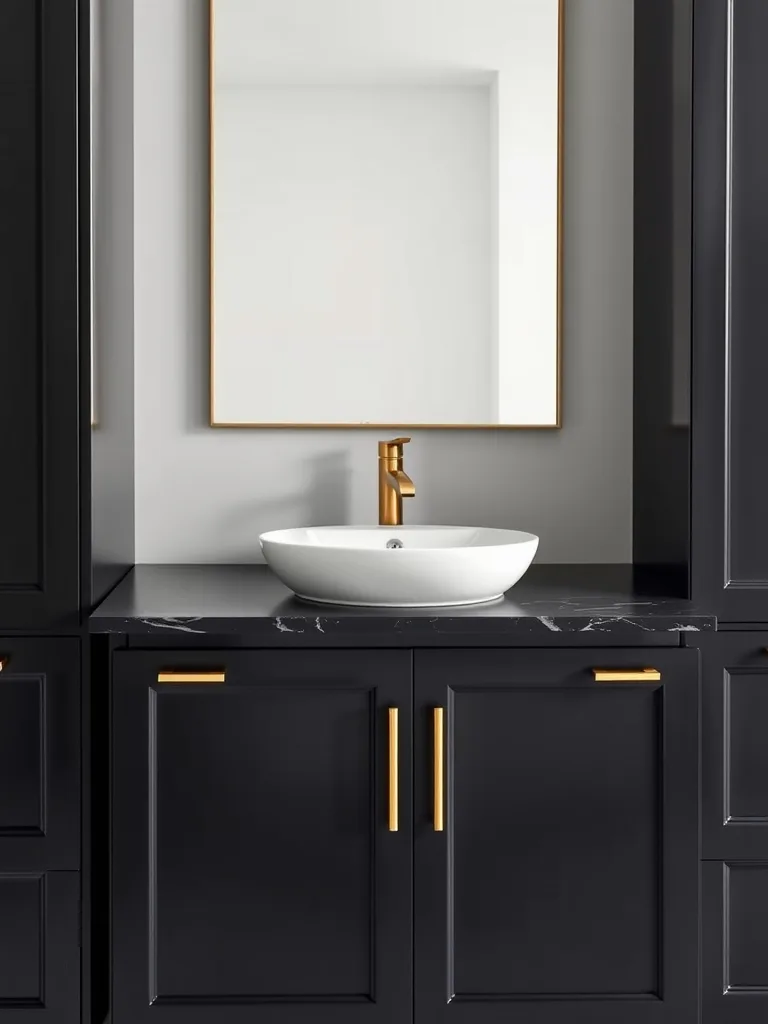 A sleek black vanity featuring gold hardware, white sink, and modern mirror.