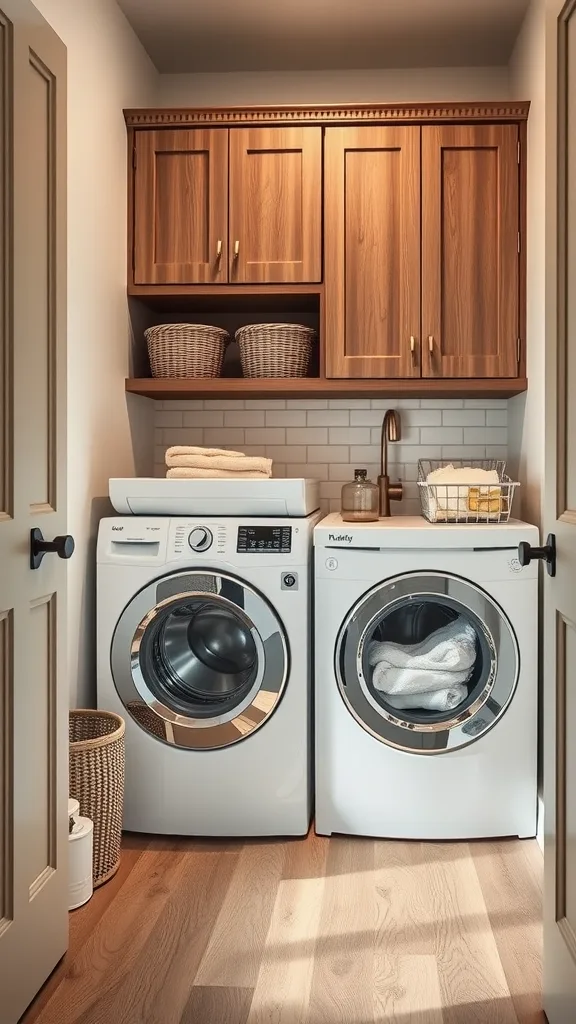 Sleek and organized basement laundry room featuring washer and dryer with wooden cabinetry