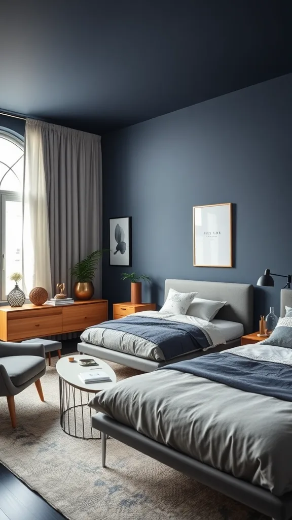 A modern bedroom featuring navy blue walls, wooden furniture, and stylish decor.