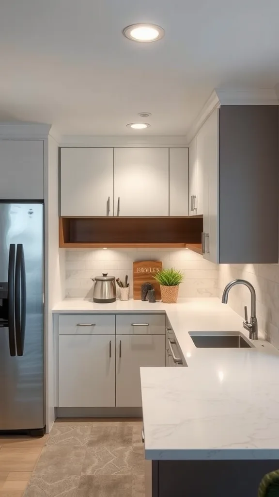 A modern basement kitchenette with sleek white and gray cabinetry, stainless steel appliances, and a stylish countertop.