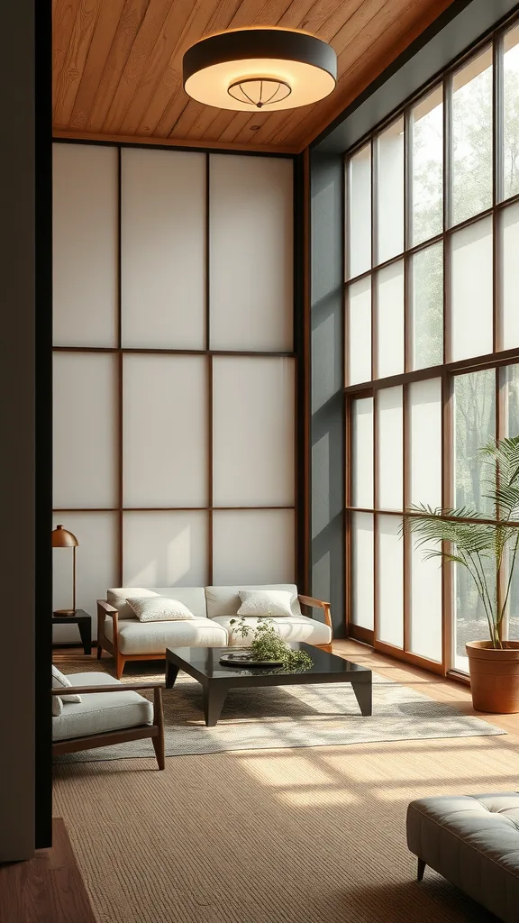 A modern Japandi living room featuring sliding Shoji screens, wooden ceiling, and natural light.