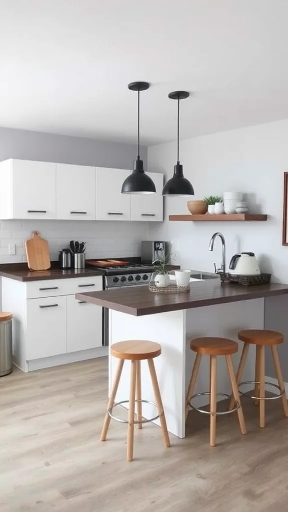 A modern small-scale kitchenette with a wooden island and stools, featuring white cabinets and black pendant lights.