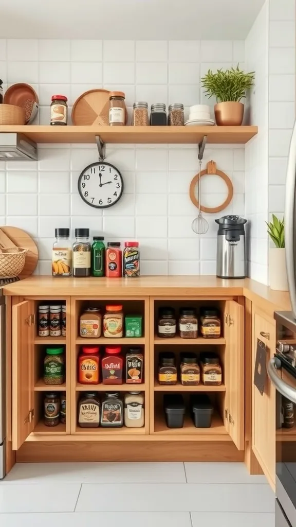 A compact kitchen with an organized spice rack, featuring open shelves and closed cabinets for efficient storage.