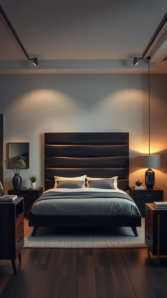 A dark wood bedroom with soft lighting, featuring a modern design and cozy atmosphere.