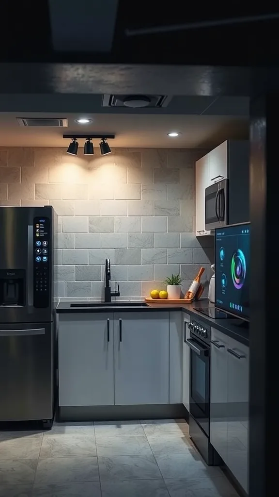 A modern basement kitchenette featuring sleek appliances and smart technology.