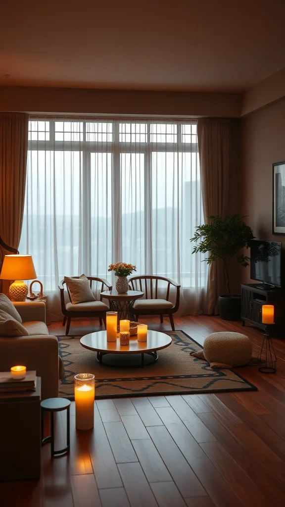 A cozy Japandi living room with soft ambient lighting, featuring candles and warm lamps.