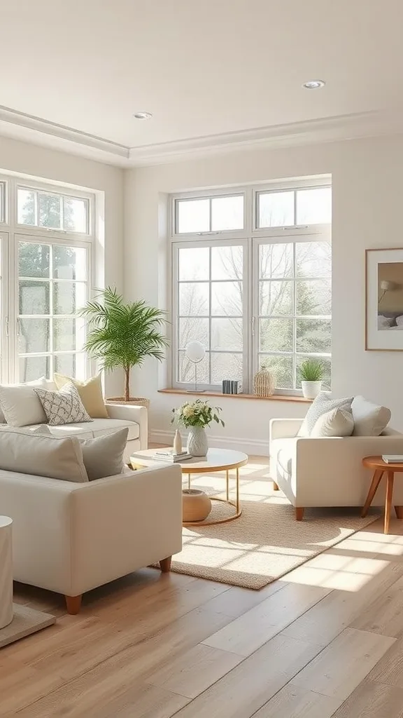 A bright coastal living room featuring beige sofas, white decor, wooden flooring, and plants near large windows.