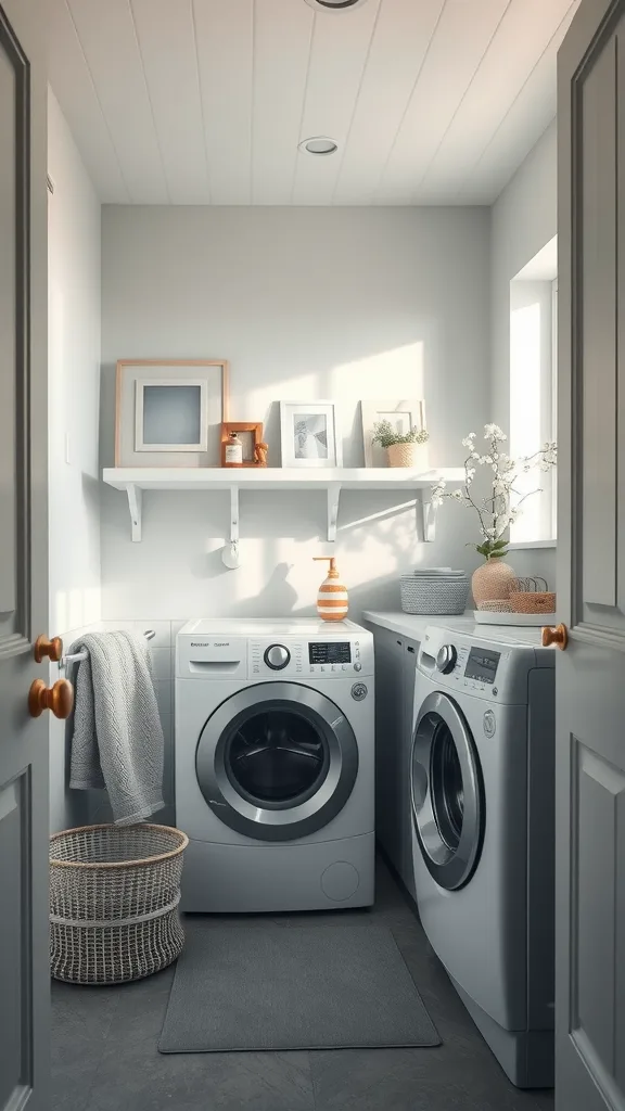 A cozy laundry room with soft gray-blue walls, white shelves, and modern appliances.