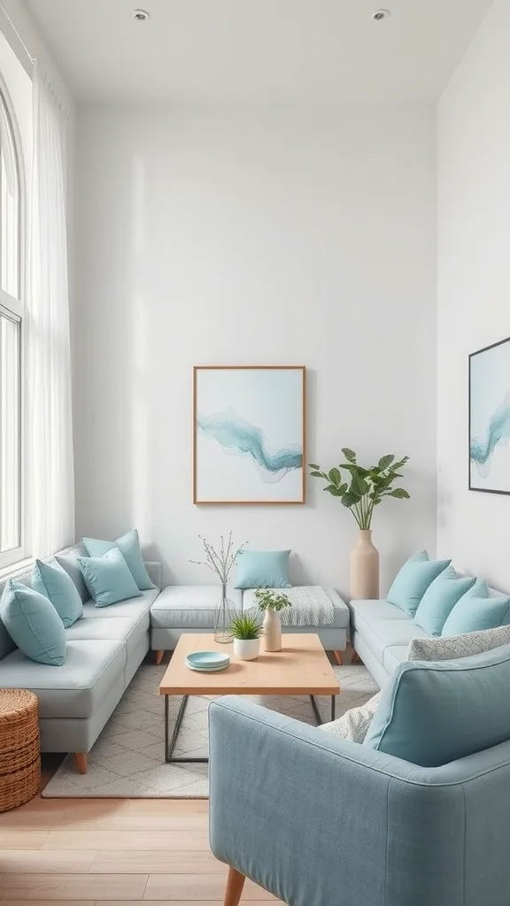 A beautifully arranged living room featuring soft gray furniture and sky blue accents, with natural light and decorative plants.