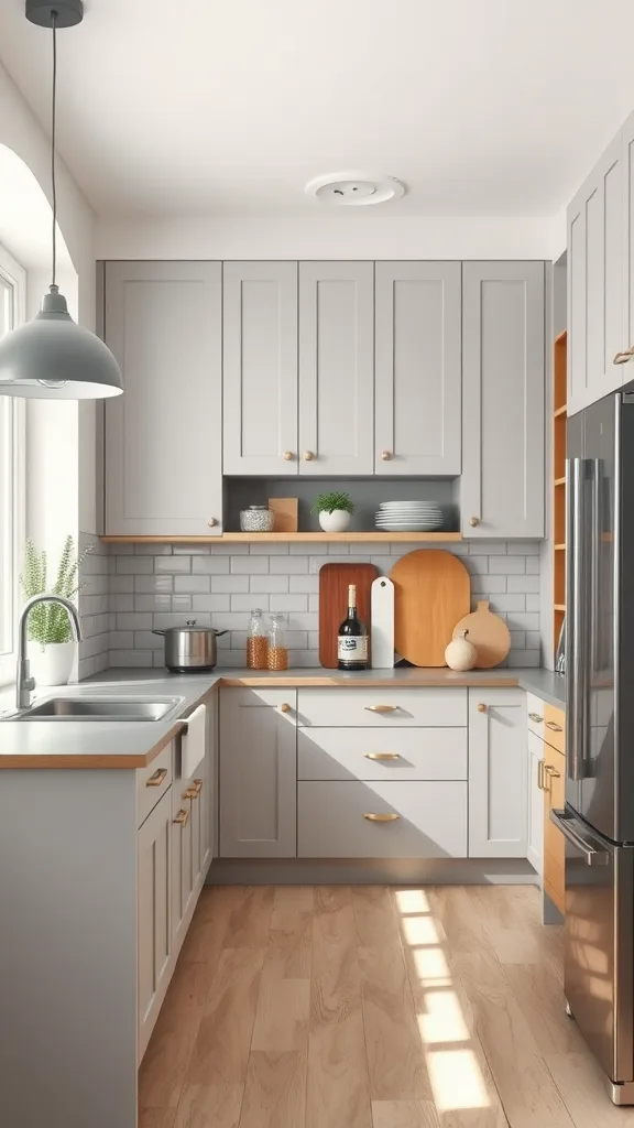 A kitchen with soft gray cabinets, wooden accents, and natural light illuminating the space.