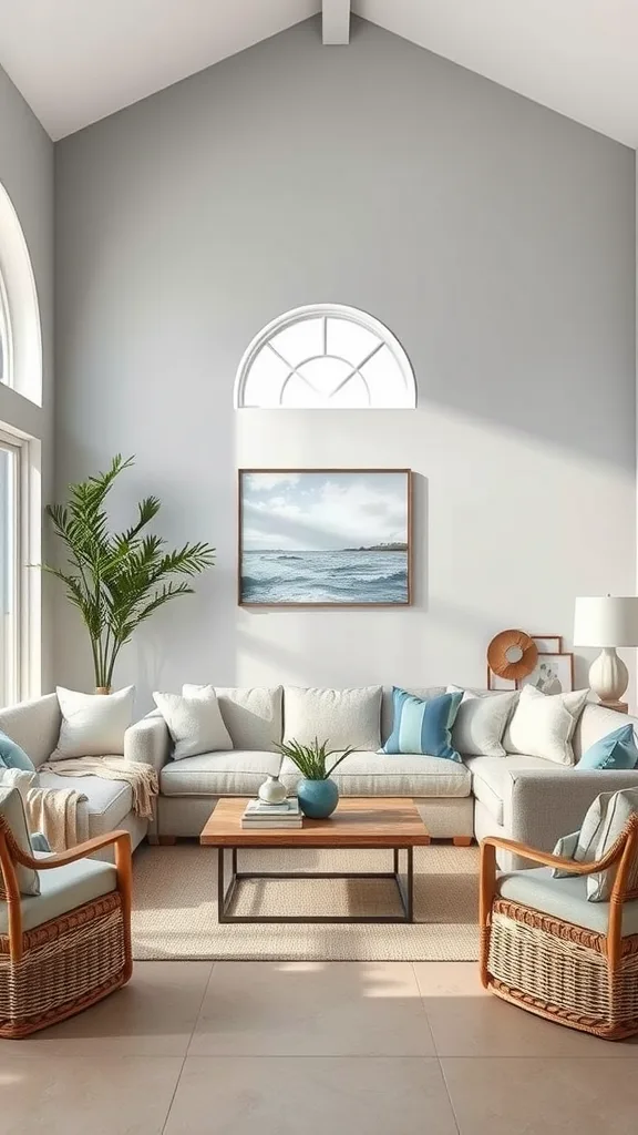 A serene coastal living room featuring soft gray walls, light blue accents, and comfortable furniture.