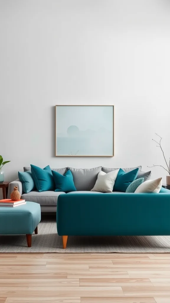 A stylish living room with soft gray walls and teal furniture accents.