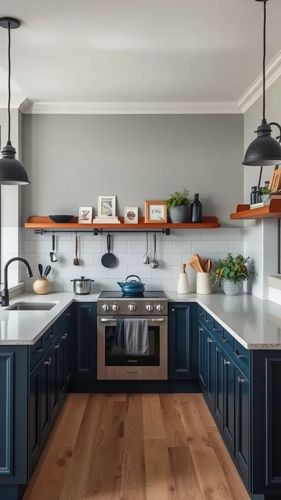 A kitchen featuring soft grey walls and navy blue cabinets.