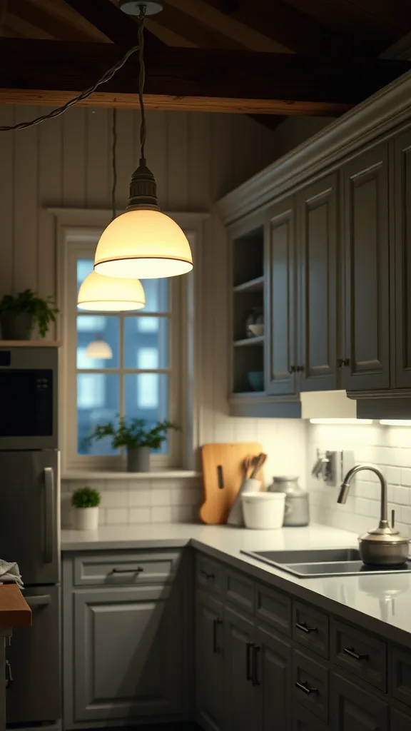 Kitchen with soft pendant lights and a cozy atmosphere