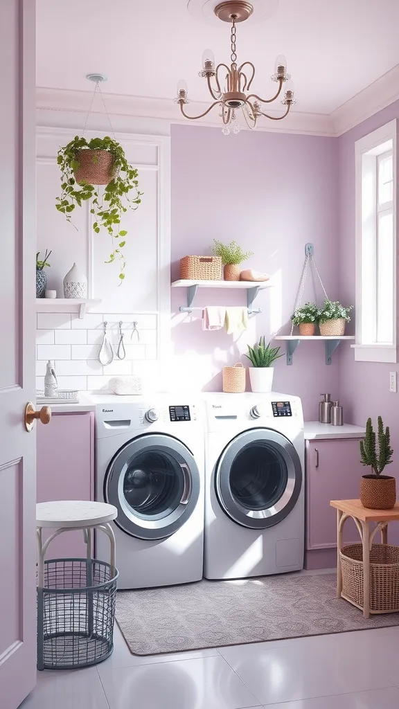 A cozy laundry room with soft lilac walls, featuring modern washing machines, plants, and stylish decor.