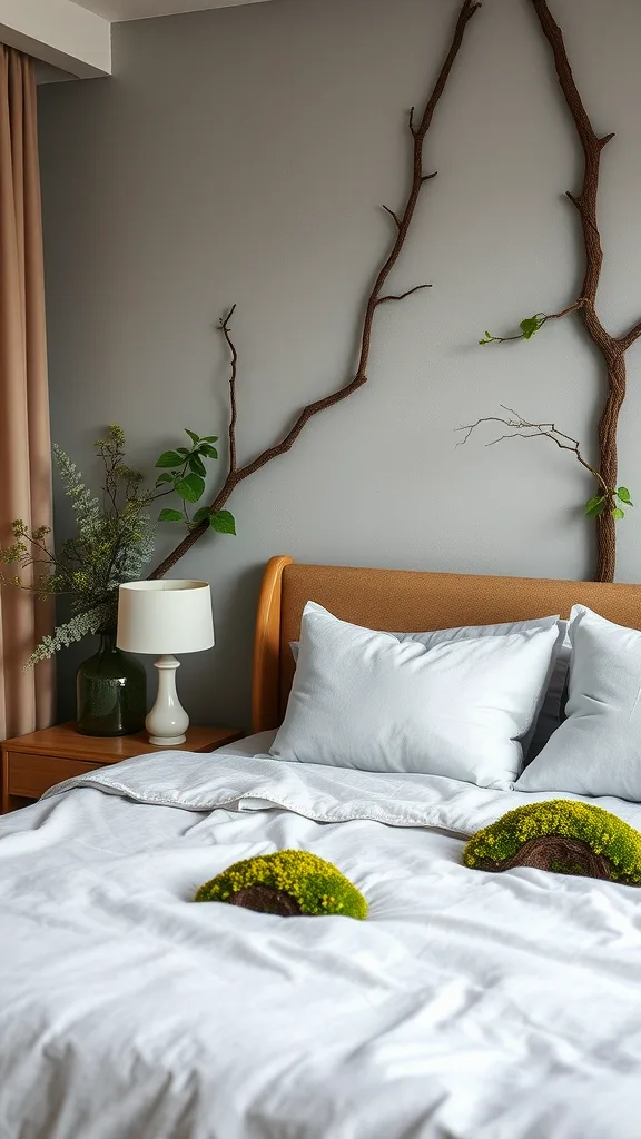 A cozy bedroom featuring soft moss accents on pillows, natural branches on the wall, and warm wooden furniture.