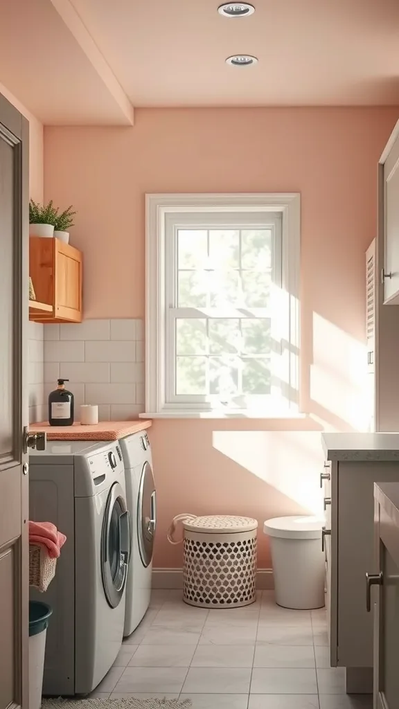 A bright and calm laundry room painted in soft pastel shades, featuring white cabinets and modern appliances.