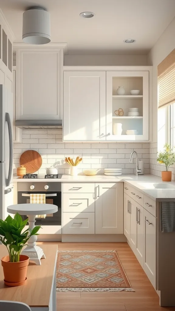 Bright kitchen with soft pastel cabinets, modern fixtures, and warm wood accents