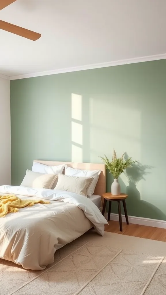 A cozy bedroom featuring a soft sage green accent wall, light bedding, and a small table with a plant.