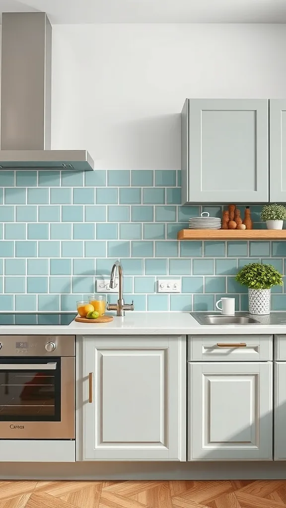 A modern kitchen showcasing soft turquoise tiles and light grey cabinetry