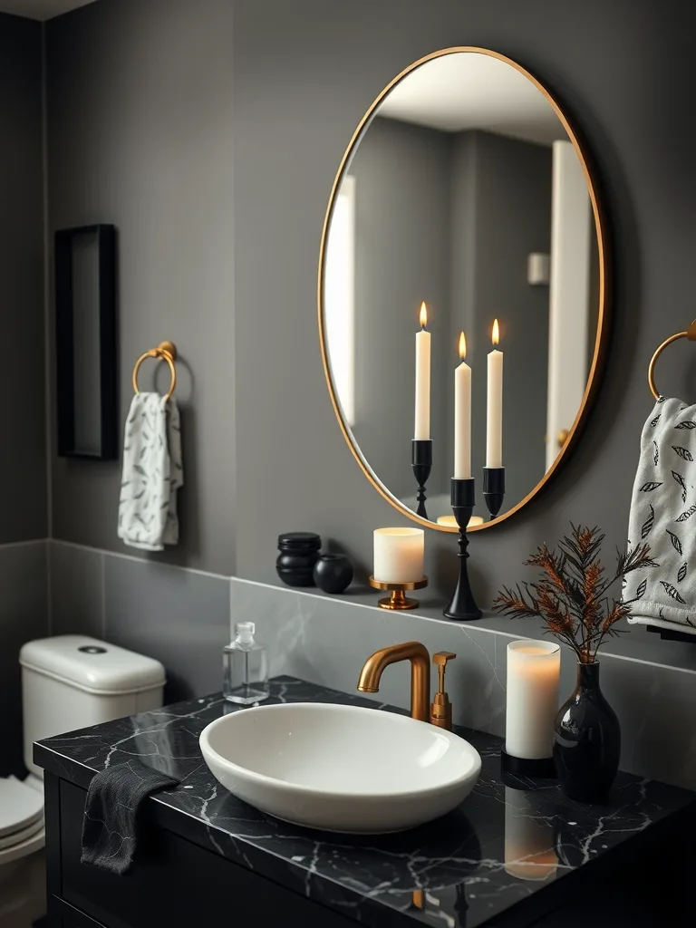 Black and gold bathroom with candles and modern decor