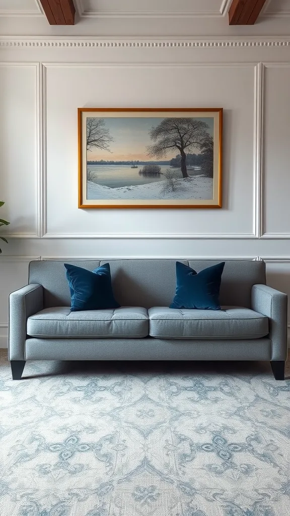 A sophisticated gray living room featuring a gray couch with navy pillows and a decorative rug.