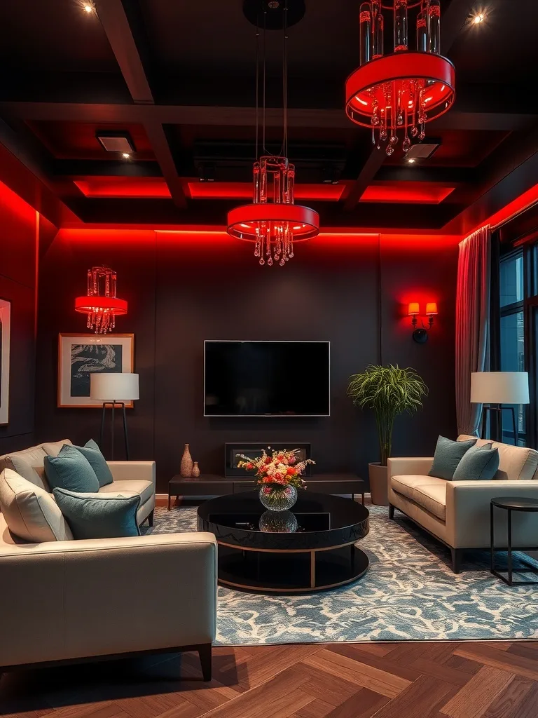 A modern living room with red lighting fixtures and elegant decor.