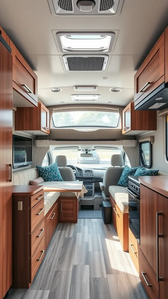 Stylish and functional interior of a small RV, featuring light wooden cabinetry, comfortable seating, and ample natural light.