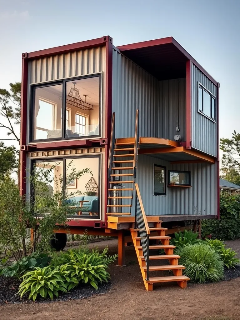 A split-level shipping container home with large windows and a wooden staircase.