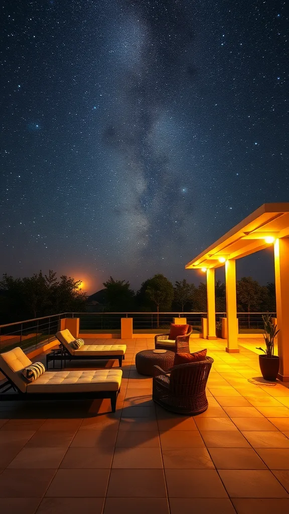 Cozy outdoor patio with lounge chairs under a starry sky