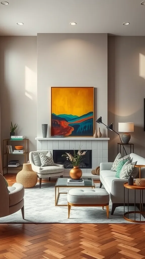 A modern living room featuring a vibrant painting, cozy furniture, and stylish decor.