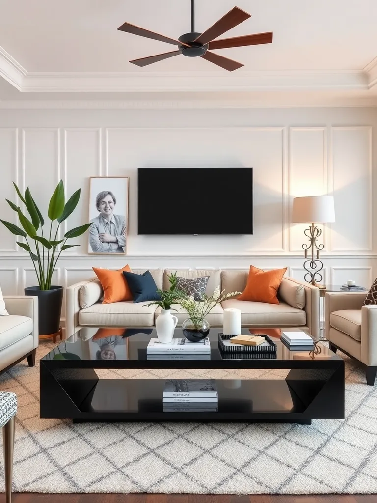 A stylish black coffee table in a modern living room setting with light sofas and decorative accessories.