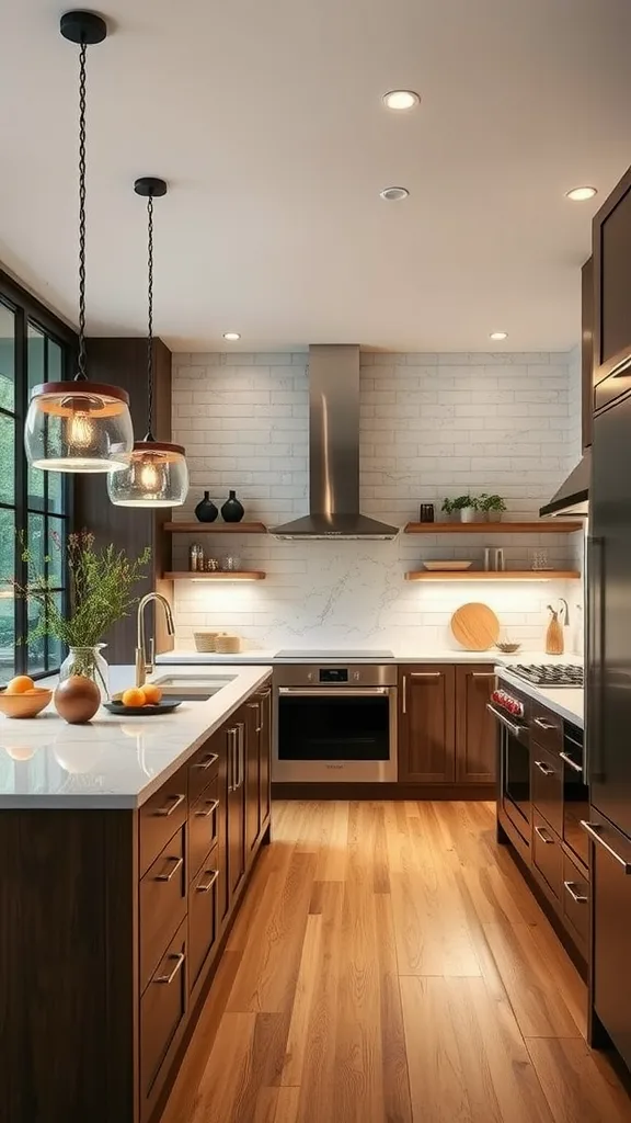 Modern kitchen with statement lighting fixtures above a central island.