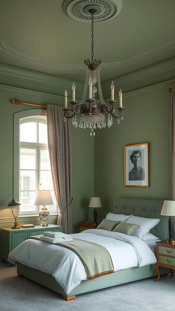 A beautifully designed bedroom featuring sage green walls, elegant chandelier, and stylish decor.