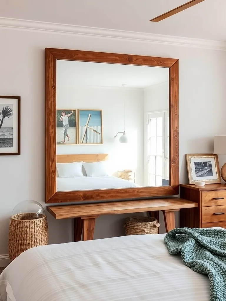 A large wooden-framed mirror above a stylish table in a coastal-themed bedroom.