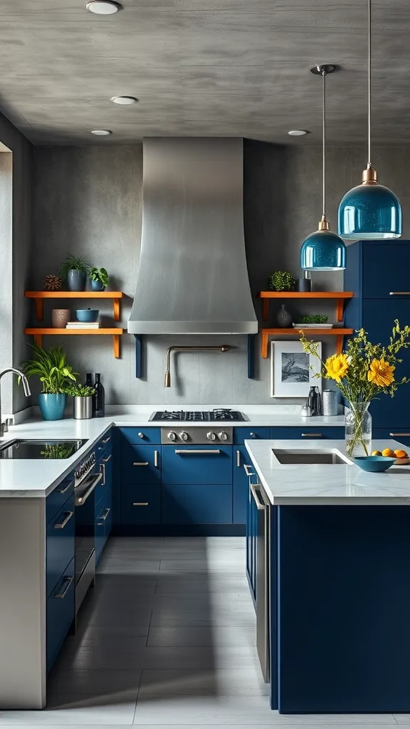 A modern kitchen featuring steel blue cabinetry and grey walls, with pendant lights and minimal decor.