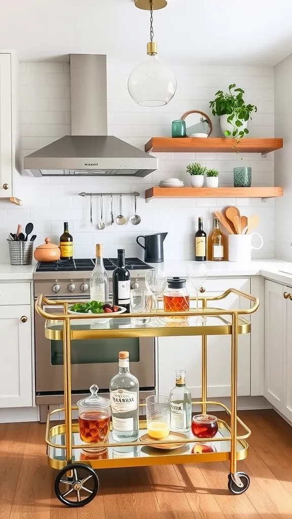 A stylish bar cart loaded with drinks and garnishes in a modern kitchen.