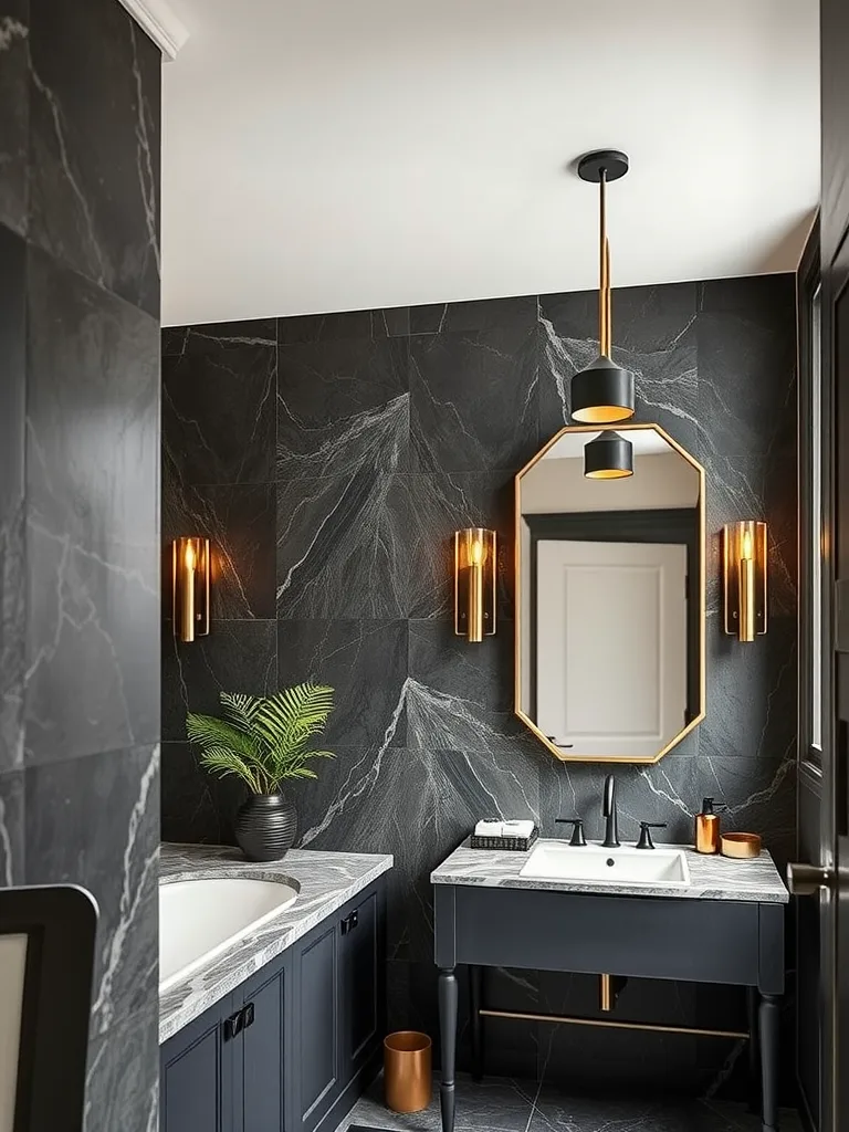 Stylish black and gold bathroom with modern lighting fixtures