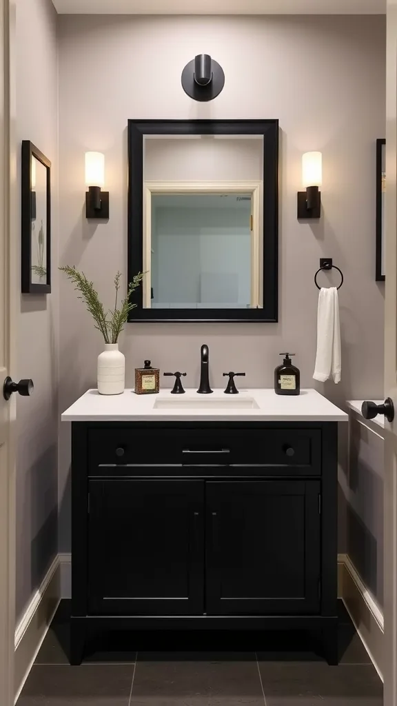 Stylish black vanity in a half bathroom with a white countertop and decorative elements.