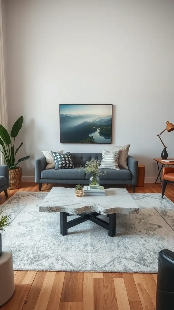 Stylish living room with a unique marble coffee table, gray sofas, and natural elements.