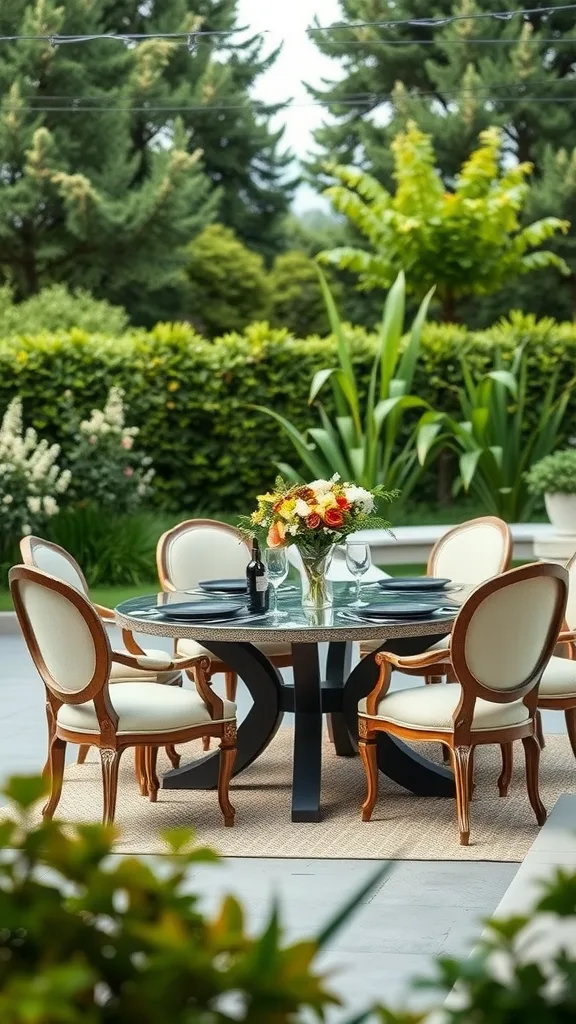 A stylish outdoor dining set featuring a round table with a floral centerpiece and cushioned chairs surrounded by greenery.